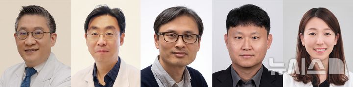 [서울=뉴시스] 왼쪽부터 심주현 서울아산병원 소화기내과 교수·성창옥 병리과 교수, 심중섭 마카오대학교 교수, 박상현 포항공과대학교 교수, 안지현 한양대학교 구리병원 교수. (사진= 서울아산병원 제공)