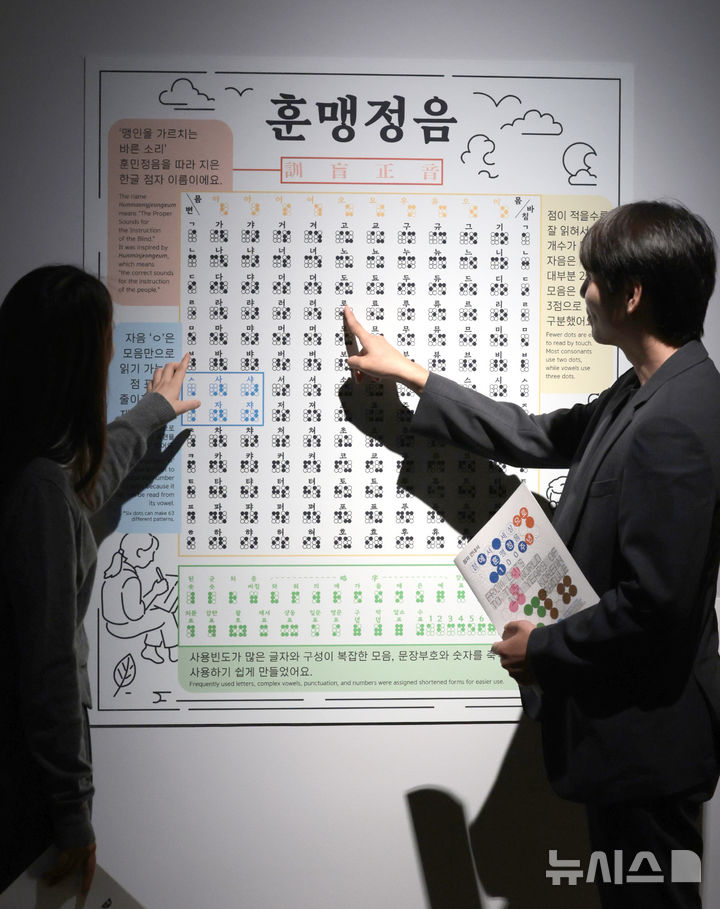 [인천=뉴시스] 전진환 기자 = 6일 인천 연수구 국립세계문자박물관에서 2026년 하반기 특별전 '점에서 세상으로: 훈맹정음 100주년' 전시를 앞두고 관계자들이 훈맹정음을 살펴보고 있다.&nbsp; 국립세계문자박물관은 국립한글박물관, 송암점자도서관과 공동으로 7일부터 내년 2월 14일까지 박물관 기획전시실에서 특별전 '점에서 세상으로: 훈맹정음 100주년'을 개최한다. 2026.10.06. amin2@newsis.com