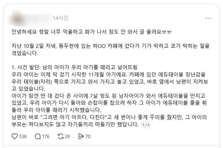 [동두천=뉴시스] 경기 동두천의 한 카페에서 어린이 간 장난감 실랑이로 한 아이가 다친 것으로 전해졌다. 사진은 관련 스레드 게시물 캡처. (사진=스레드 캡처) *재판매 및 DB 금지