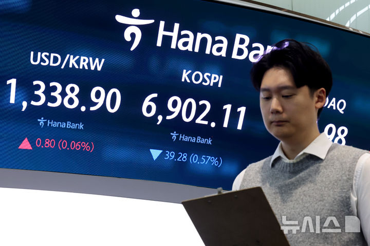 [서울=뉴시스] 김금보 기자 = 7일 오전 서울 중구 하나은행 딜링룸에서 딜러들이 업무를 하고 있다. 2026.10.07. kgb@newis.com