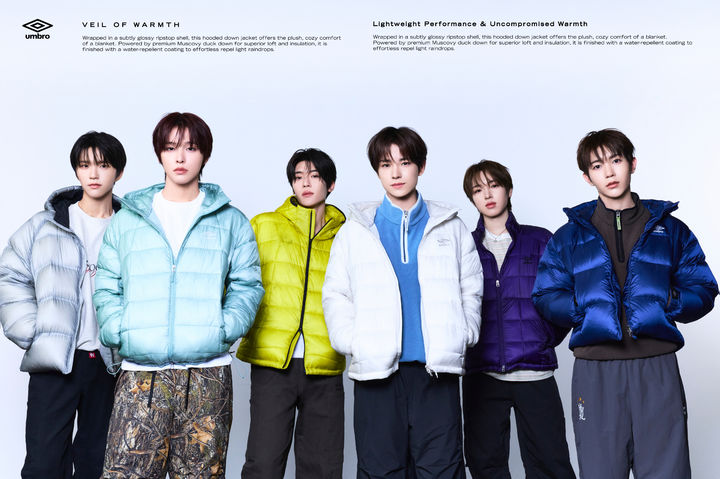 영국 정통 스포츠 브랜드 엄브로(UMBRO)는 2026 FW 경량 패딩 컬렉션 'VEIL OF WARMTH' 출시를 기념해 아티스트 NCT WISH(엔시티 위시)와 함께한 새로운 화보를 공개했다. *재판매 및 DB 금지