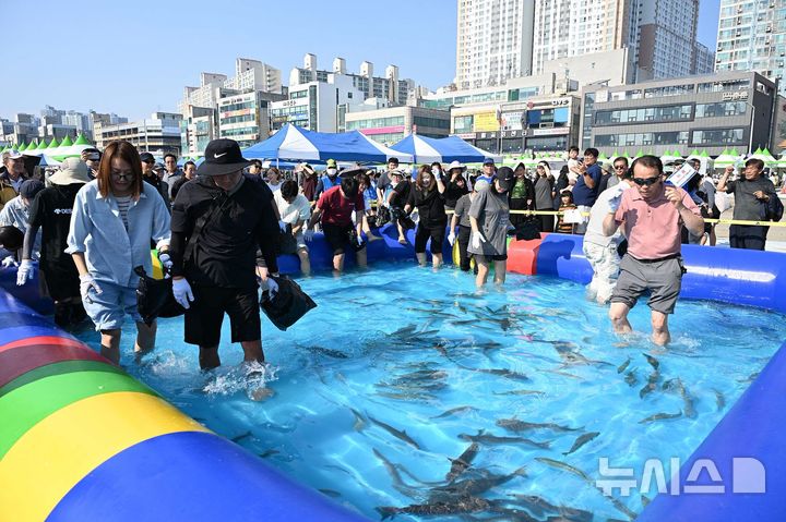 [시흥=뉴시스] 축제 현장을 찾은 시민들이 맨손 물고기 잡기 체험을 하며 즐거운 한때를 보내고 있다. (사진=임병택 시흥시장 페이스북 캡처).2026.10.11. photo@newsis.com 