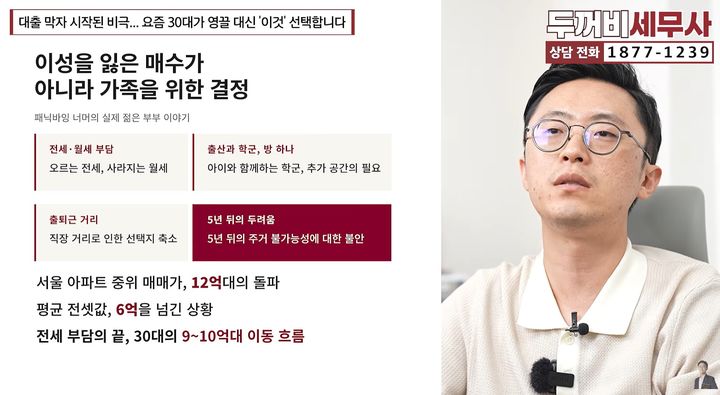 [서울=뉴시스] 최근 청년층의 주택 매수 열풍을 '생존 매수'로 진단한 전문가의 분석이 나왔다. (사진 : '재테크는 두꺼비 세무사' 유튜브 채널 캡처) *재판매 및 DB 금지