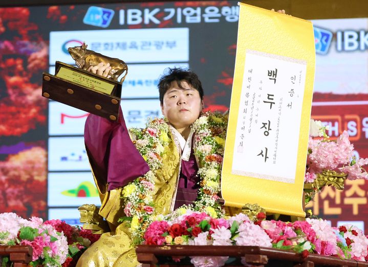 [서울=뉴시스] 김민재(영암군민속씨름단), 위더스제약 2026 괴산추석장사씨름대회에서 백두장사 등극. (사진=대한씨름협회 제공) *재판매 및 DB 금지