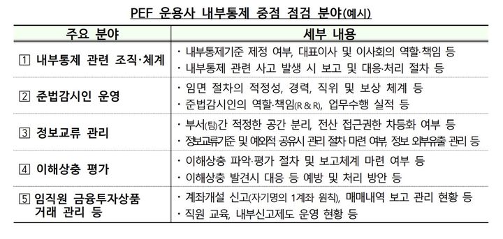 [서울=뉴시스] 금융감독원 PEF 운용사 내부통제 중점 점검 분야(예시). (자료=금융감독원 제공) 2026.10.12. *재판매 및 DB 금지