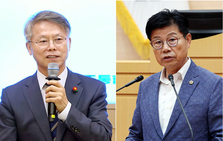 [무안=뉴시스] 민형배 전남광주특별시장(왼쪽)과 김문수 전남광주특별시의원. photo@newsis.com *재판매 및 DB 금지