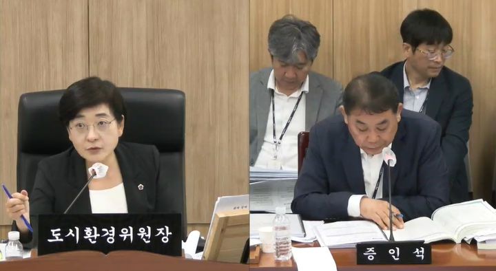 [세종=뉴시스] 이순열(왼쪽) 세종시의회 도시환경위원장이 안종수 도시주택국장을 상대로 질의하고 있다. (사진=세종시의회 방송 캡처) 2026.10.12. photo@newsis.com *재판매 및 DB 금지