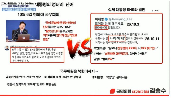 [서울=뉴시스] 12일 문화체육관광위원회 국정감사(한국콘텐츠진흥원 등) 김승수 의원 질의 장면 . (사진=국회방송 생중계 유튜브) 2026. 10. 12. photo@newsis.com *재판매 및 DB 금지