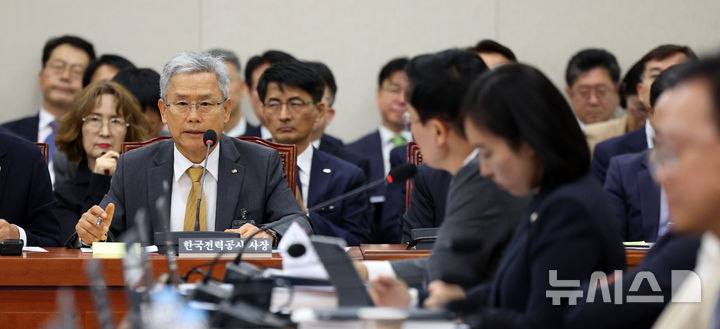 [서울=뉴시스] 고범준 기자 = 김동철 한국전력공사 사장이 12일 서울 여의도 국회에서 열린 산업통상자원중소벤처기업위원회 국정감사(대한무역투자진흥공사 등)에서 의원 질의에 답변하고 있다. 2026.10.12. bjko@newsis.com
