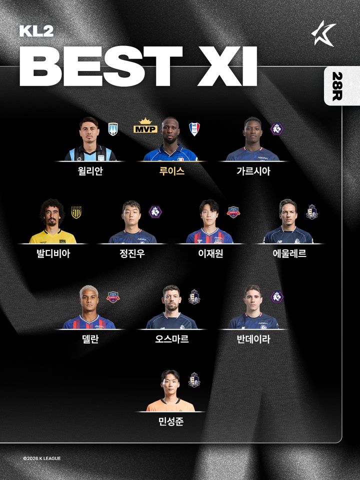 [서울=뉴시스] 하나은행 K리그2 2026 28라운드 베스트11. (사진=한국프로축구연맹 제공) *재판매 및 DB 금지