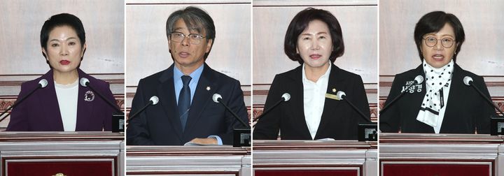 [정읍=뉴시스] 13일 열린 정읍시의회 제137회 임시회 제1차 본회의. 황혜숙(왼쪽부터)·이도형·이남희·서향경 의원이 '5분 자유발언'을 하고 있다. (사진=정읍시의회 제공) 2026.10.13. photo@newsis.com&nbsp; *재판매 및 DB 금지