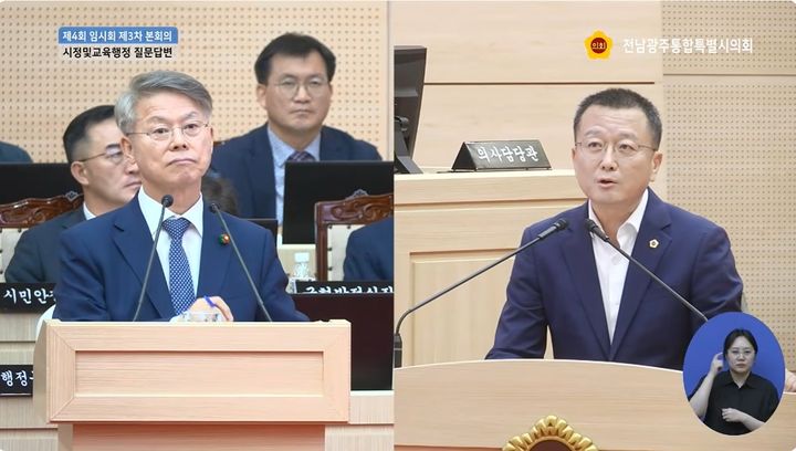 [무안=뉴시스] 시정질문하는 최선국 전남광주통합특별시의원(오른쪽)과 답변하는 민형배 통합특별시장. photo@newsis.com *재판매 및 DB 금지