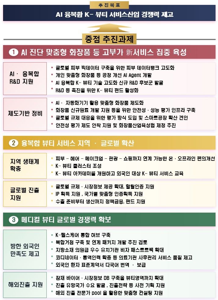 [세종=뉴시스] 정부는 14일 정부서울청사에서 이형일 경제부총리 겸 재정경제부 장관 주재로 열린 경제관계장관회의 겸 서비스산업발전 태스크포스(TF)에서 'AI·융복합 K-뷰티 서비스 지원방안'을 발표했다. 사진은 관련 인포그래픽. (사진=재경부 제공 자료 캡처) 2026.10.13. photo@newsis.com *재판매 및 DB 금지