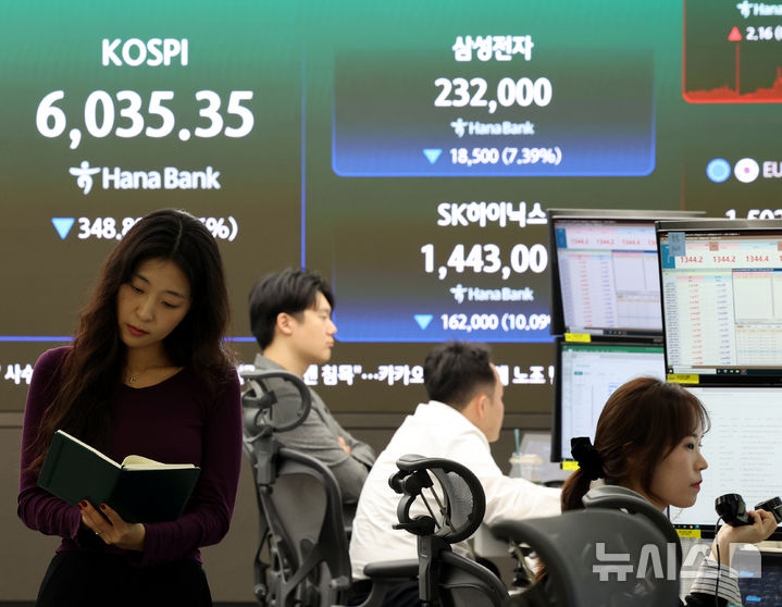 [서울=뉴시스] 박주성 기자 = 13일 오후 서울 중구 하나은행 딜링룸에서 딜러들이 업무를 하고 있다.코스피는 전일보다 348.89포인트(5.46%) 내린 6035.35에 장을 마감했고 SK하이닉스는 10.09% 내린 144만3천 원, 삼성전자는 7.39% 내린 23만2천 원 마감했다. 2026.10.13. park7691@newsis.com
