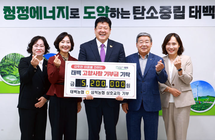지난 13일 태백시청에서 이상호 태백시장이 참석한 가운데 태백시와 삼척시 농협 임직원들의 고향사랑기부금 상호 교차기부 기탁식이 열리고 있다.(사진=태백시 제공) *재판매 및 DB 금지