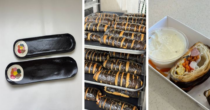 [서울=뉴시스] 김밥 모양 그릇(왼쪽)과 김밥 모양 빵인 '김빵'(가운데), 김빵의 단면과 소스(오른쪽). (사진출처: 스레드 캡처) 2026.10.14.