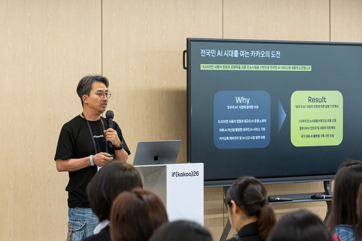 '모두의 AI' 프로덕트 총괄 유용하 성과리더가 14일 개발자 컨퍼런스 '이프카카오(if(kakao)26)'에서 '모두의 AI' 서비스 방향과 출시 계획을 소개했다. (사진=카카오 제공) *재판매 및 DB 금지