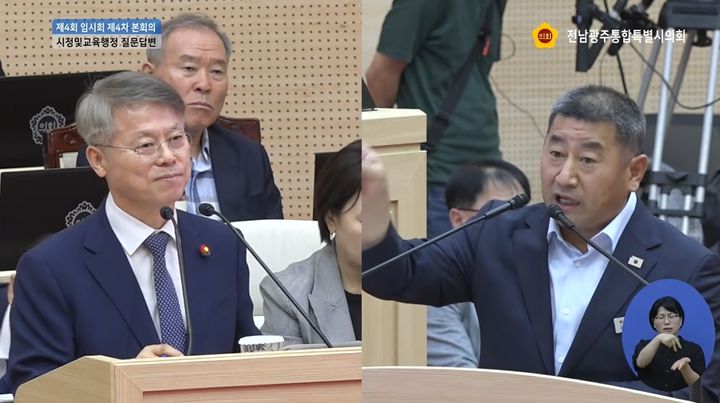 [무안=뉴시스] 최정훈 전남광주특별시의원(오른쪽)이 14일 본회의장에서 민형배 통합특별시장에게 시정질문을 하고 있다. photo@newsis.com *재판매 및 DB 금지