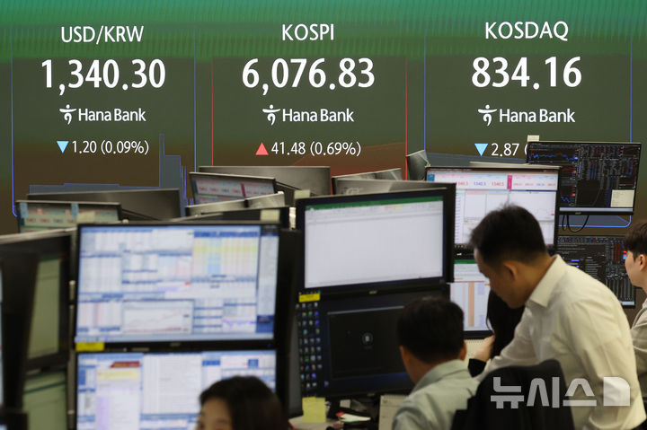 [서울=뉴시스] 권창회 기자 = 14일 오전 서울 중구 하나은행 딜링룸에서 딜러들이 업무를 보고 있다. 코스피가 전 거래일 대비 26.73포인트(0.44%) 오른 6062.08에 출발했다. 원달러 환율은 1341.5원으로, 코스닥 지수는 1.13포인트(0.14%) 내린 835.90에 거래를 시작했다. 2026.10.14. kch0523@newsis.com