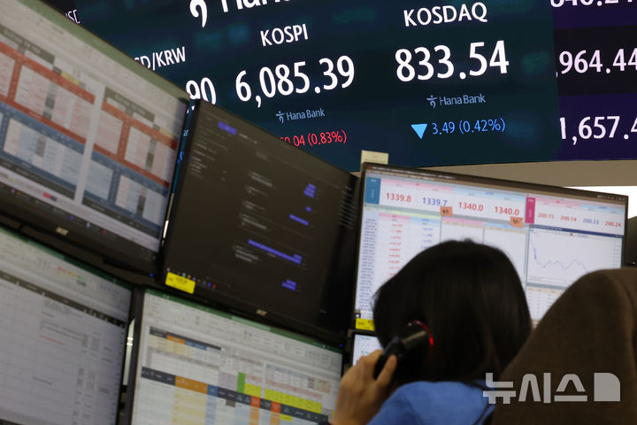 [서울=뉴시스] 권창회 기자 = 14일 오전 서울 중구 하나은행 딜링룸에서 딜러들이 업무를 보고 있다. 코스피가 전 거래일 대비 26.73포인트(0.44%) 오른 6062.08에 출발했다. 원달러 환율은 1341.5원으로, 코스닥 지수는 1.13포인트(0.14%) 내린 835.90에 거래를 시작했다. 2026.10.14. kch0523@newsis.com