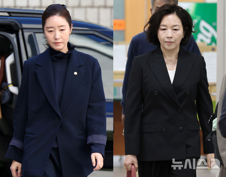 [서울=뉴시스] 조성우 기자 = 1억원의 공천 헌금 의혹을 받는 강선우(왼쪽) 무소속 의원과 김경 전 서울시의원이 14일 서울 서초구 서울중앙지방법원에서 열린 1심 선고 공판에 출석하고 있다. 2026.10.14. xconfind@newsis.com