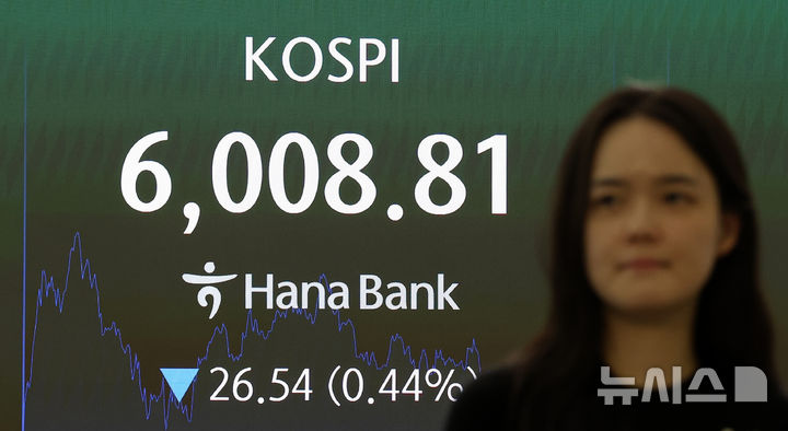 [서울=뉴시스] 김선웅 기자 = 코스피가 26.54포인트(0.44%) 하락한 6008.81포인트에 거래를 마감한 14일 오후 서울 중구 하나은행 본점 딜링룸 전광판에서 시황이 표시되고 있다. 2026.10.14. mangusta@newsis.com