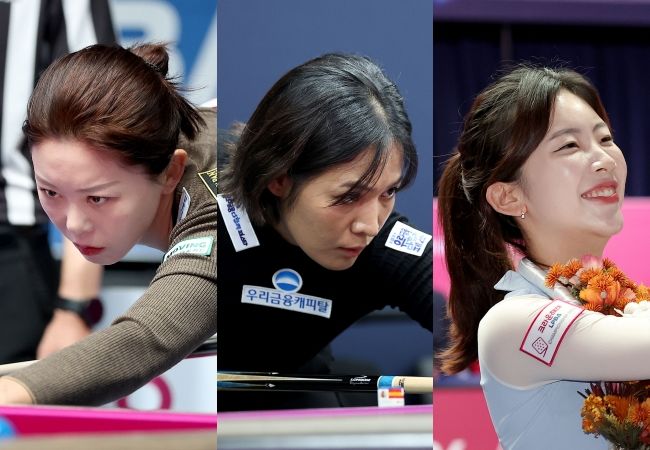 [서울=뉴시스] 2026~2027시즌 5차 투어 '지금 잘 사는 방법 zgm NH농협카드 PBA-LPBA 챔피언십' LPBA에서 우승을 노리는 김가영(하나카드), 스롱 피아비(우리금융캐피탈), 정수빈(NH농협카드). (사진=PBA 제공) *재판매 및 DB 금지