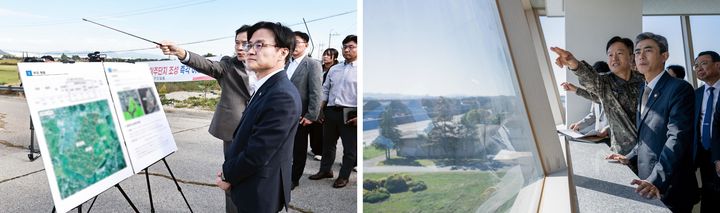 [전남광주=뉴시스] 호남 반도체 클러스터 조성 사업 예정지인 광주군공항을 이달 12일과 14일 차례로 방문한 김정관 산업통상부 장관(사진 왼쪽), 강신철 국방부 장관의 현장 점검 모습. (사진=뉴시스DB) 2026.10.15. photo@newsis.com *재판매 및 DB 금지