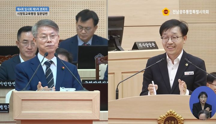 [무안=뉴시스] 윤민호 전남광주통합특별시의원(오른쪽)이 15일 의회 본회의장에서 민형배 통합특별시장에게 시정질문을 하고 있다. photo@newsis.com *재판매 및 DB 금지
