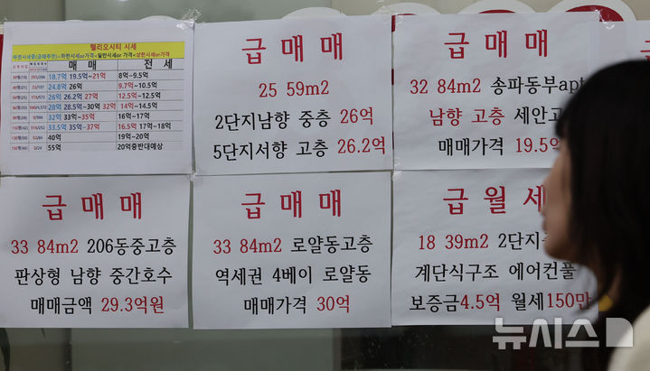 [서울=뉴시스] 권창회 기자 = 정부가 서울 전역과 경기 주요 지역을 토지거래허가구역으로 묶은 '10·15 대책'을 발표한 지 1년이 지난 가운데 서울 아파트 값이 88주 연속 오르며 역대 최장 상승 기록을 다시 갱신했다. 15일 한국부동산원이 발표한 10월 둘째주(12일 기준) 주간 아파트 가격 동향에 따르면 서울 아파트 매매가격은 전주 대비 0.16% 올랐다. 사진은 15일 서울 시내 공인중개사에 붙은 부동산 시세. 2026.10.15. kch0523@newsis.com
