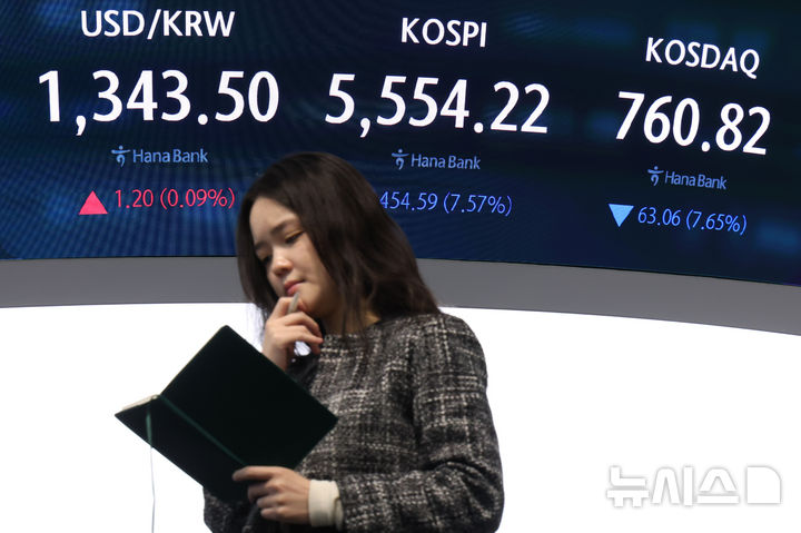 [서울=뉴시스] 황준선 기자 = 코스피가 454.59포인트 (7.57%) 하락한 5554.22에 마감한 15일 오후 서울 중구 하나은행 딜링룸에 지수가 표시돼 있다. 코스닥은 63.06포인트(7.65%) 하락한 760.82에 마감했다. 2026.10.15. hwang@newsis.com