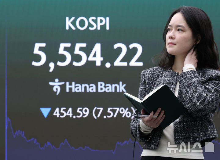 [서울=뉴시스] 황준선 기자 = 코스피가 454.59포인트(7.57%) 하락한 5554.22에 마감한 15일 오후 서울 중구 하나은행 딜링룸에 지수가 표시돼 있다. 2026.10.15. hwang@newsis.com