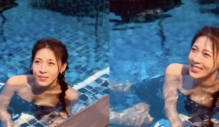 [서울=뉴시스] 배우 하지원이 수영장에서 동안 미모를 드러냈다. (사진=하지원 인스타그램 캡처)