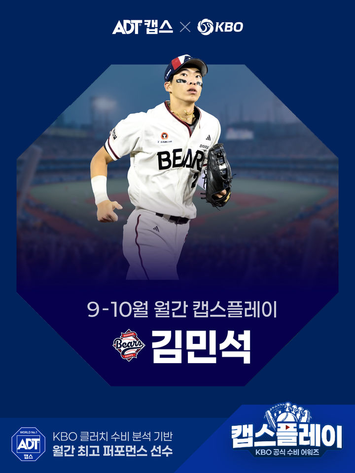 [서울=뉴시스] 신한 쏠 KBO리그 9~10월 월간 캡스플레이 수상자로 선정된 프로야구 두산 베어스 김민석. (사진=KBO 제공) 2026.10.16. *재판매 및 DB 금지