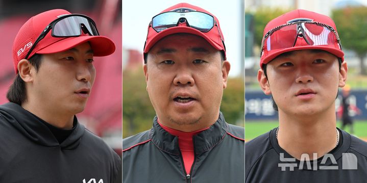 [전남광주=뉴시스] 이영주 기자 = 2026 KBO 포스트시즌 준플레이오프 1차전을 하루 앞둔 16일 오후 전남광주 북구 광주-기아챔피언스필드에서 KIA타이거즈 선수단이 인터뷰하고 있다. 왼쪽부터 나성범 KIA 주장, 이범호 KIA 감독, 김도영. 2026.10.16. leeyj2578@newsis.com