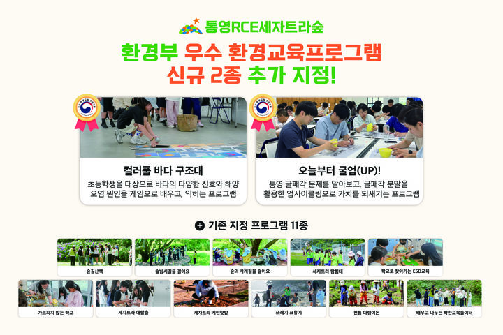 [통영=뉴시스] 신정철 기자= 경남 통영시 지속가능발전교육재단(통영RCE)이 기후에너지환경부가 주관하는 '2026년 우수 환경교육프로그램 지정제' 2차 심사에서 2개 프로그램이 추가 지정되며, 총 13개의 우수 환경교육프로그램을 보유하게 됐다고 18일 밝혔다.사진은 우수 환경교육프로그램 안내 포스터.(사진=통영RCE 제공).2026.10.18. photo@newsis.com *재판매 및 DB 금지