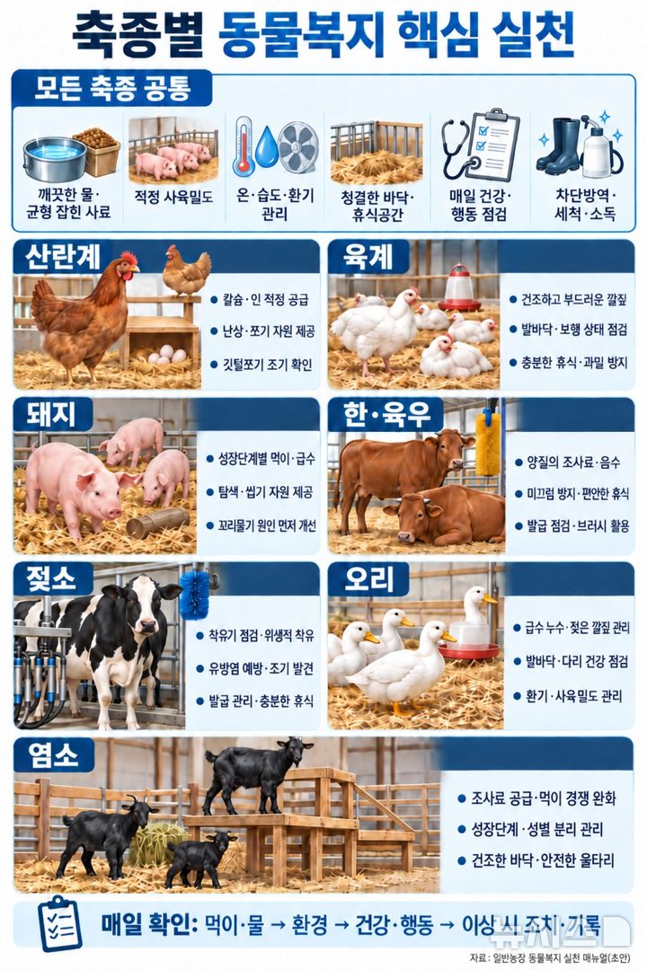 [세종=뉴시스]농촌진흥청은 동물복지축산 인증 농가 뿐 만 아니라 일반 축산농가에서도 실천할 수 있도록 '일반농장 동물복지 실천 지침(매뉴얼)'을 제작, 배포했다.(사진=농진청 제공)