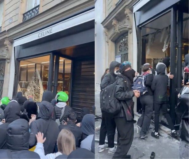 [서울=뉴시스] 프랑스에서 시위대가 명품 브랜드 셀린느 매장에 진입한 모습이 포착됐다. (사진 출처=엑스 캡처)