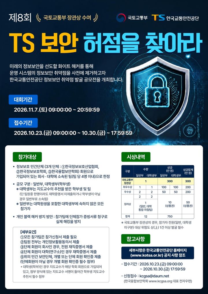 [서울=뉴시스]한국교통안전공단(TS)은 웹서비스 정보보안 취약점을 발굴하고 개선하기 위해 '제8회 TS 보안 허점을 찾아라!' 공모전을 개최한다고 19일 밝혔다. (이미지=TS 제공) 2026. 10. 19. *재판매 및 DB 금지
