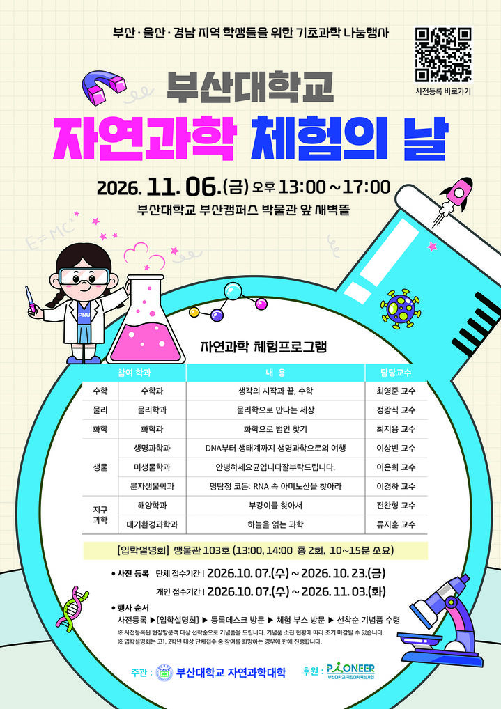 [부산=뉴시스] 부산대학교 자연과학대학은 오는 11월6일 오후 1~5시 대학 내 박물관 앞 새벽뜰에서 '자연과학 체험의 날' 행사를 개최한다고 19일 밝혔다. (사진=부산대 제공) 2026.10.19. photo@newsis.com *재판매 및 DB 금지