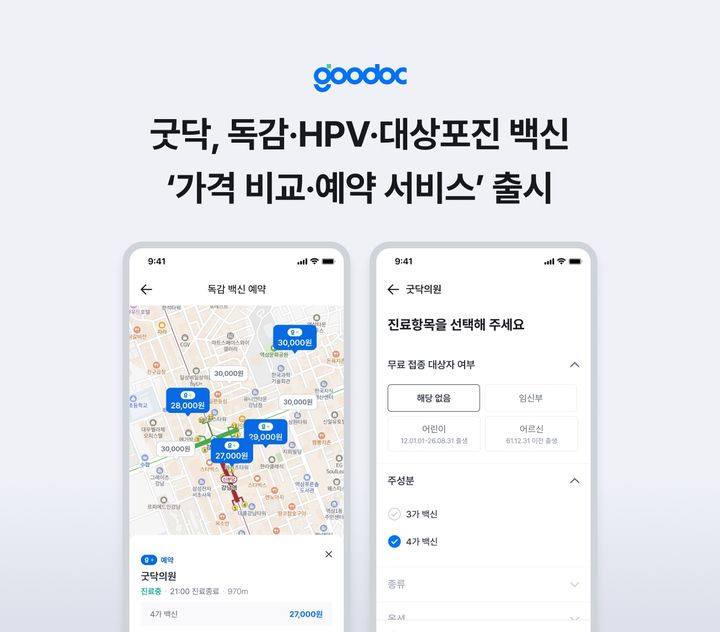 [서울=뉴시스] 굿닥은 '예방접종 예약 서비스'를 출시하고, 독감, 사람유두종바이러스(HPV), 대상포진 등 주요 예방접종을 대상으로 병원 탐색부터 접종 비용 확인, 예약 서비스를 제공한다고 19일 밝혔다. (사진=굿닥 제공) 2026.10.19. photo@newsis.com *재판매 및 DB 금지
