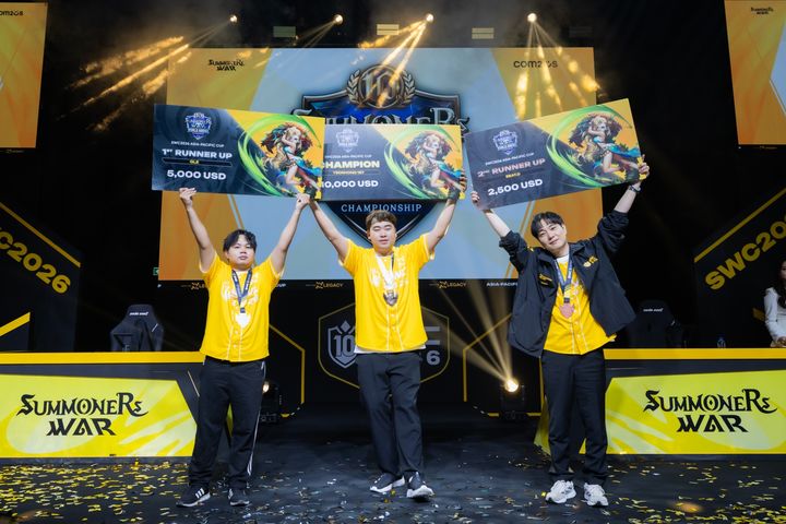 [서울=뉴시스] 'SWC2026' 아시아퍼시픽 컵 상위 3인. (왼쪽부터)GLE, 연홍-187, 비트디). (사진=컴투스 제공) *재판매 및 DB 금지