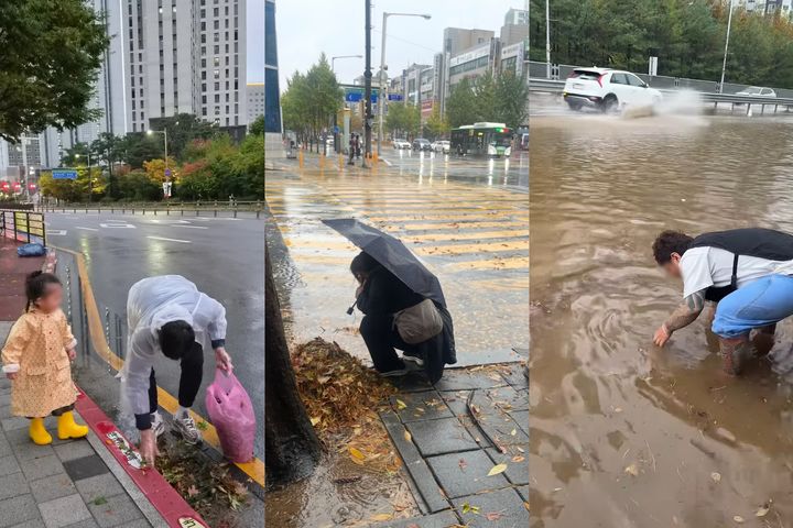 [서울=뉴시스] 지난 18일 많은 비가 내린 가운데 시민들이 도로에 쌓인 낙엽을 치우거나 빗물에 잠긴 배수구를 정리하고 있다. (사진출처: 스레드 캡처) 2026.10.19.