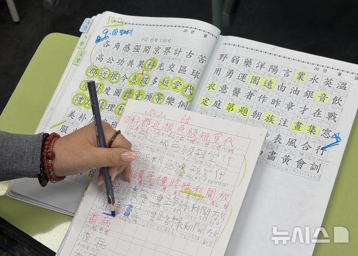 [서울=뉴시스] 김하은·진민아 인턴기자 = 16일 서울 대치동 김은지한문한자교습소에서 초등학생이 한자 학습지를 보며 수업을 받고 있다.2026.10.16.