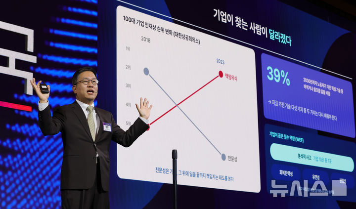 [서울=뉴시스] 홍효식 기자 = 이찬 서울대학교 산업인력개발학과 교수가 19일 서울 중구 더그랜드롯데 서울에서 열린 뉴시스 창사 25주년 포럼 '10년 후 한국'에서 '2036, 사라지는 일과 살아남은 사람'을 주제로 강연하고 있다. 2026.10.19. yesphoto@newsis.com