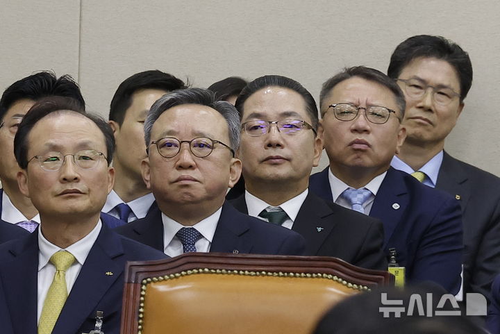 [서울=뉴시스] 정병혁 기자 = 19일 서울 여의도 국회에서 열린 정무위원회의 금융감독원 등에 대한 국정감사에서 이환주 KB국민은행장과 정상혁 신한은행장, 이호성 하나은행장, 정진완 우리은행장, 강태영 NH농협은행장이 출석해있다. 2026.10.19 jhope@newsis.com