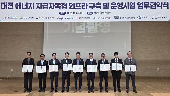 [세종=뉴시스] 서부발전은 20일 대전복합문화센터에서 대전광역시, 한국산업단지공단 충청지역본부, 한국에너지기술연구원 등과 '대전 산업단지 에너지자급자족 인프라 구축·운영사업' 착수보고회를 열고 업무협약을 체결했다고 밝혔다. (사진=서부발전 제공) 2026.10.20. photo@newsis.com *재판매 및 DB 금지