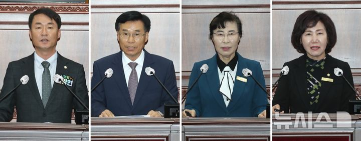[정읍=뉴시스] 20일 열린 정읍시의회의 제317회 임시회 제2차 본회의, 왼쪽부터 '5분 자유발언'을 하고 있는 김용현 의원, 정상섭 의원, 김경란 의원을 비롯해 '제2차 동학농민혁명 참여자의 독립유공자 서훈 인정을 위한 법령 개정 촉구 결의안'에 대해 제안설명을 하고 있는 이남희 의원. *재판매 및 DB 금지