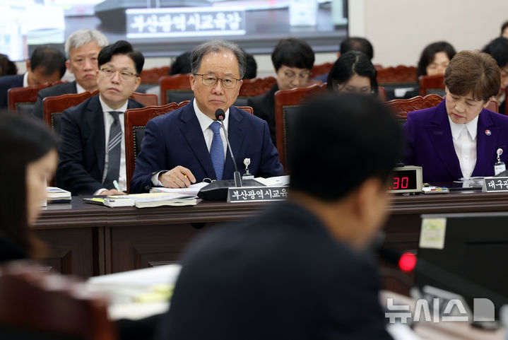  [부산=뉴시스] 하경민 기자 = 국회 교육위원회의 부산·울산·경남·대구·경북·강원교육청에 대한 국정감사가 열린 20일 부산 부산진구 부산시교육청에서 김석준 부산교육감이 의원 질의에 답변하고 있다. 2026.10.20. yulnetphoto@newsis.com