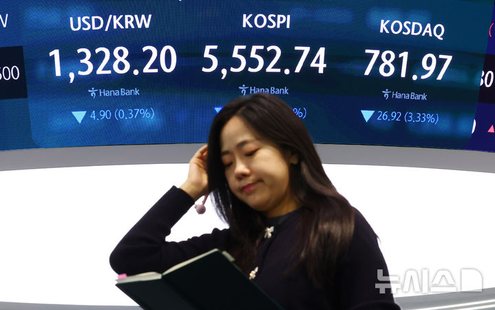 [서울=뉴시스] 전신 기자 = 코스피가 215.27포인트(3.73%) 하락한 5552.74로 마감한 20일 서울 중구 하나은행 본점 딜링룸 전광판에 코스피 등이 표시돼 있다. 2026.10.20. photo1006@newsis.com
